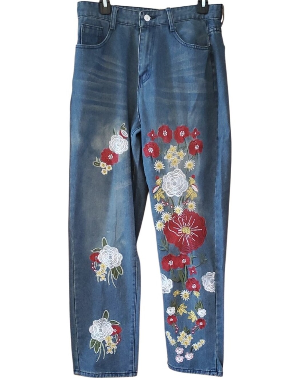 MISSLOOK Blue Denim High Rise Jeans with White & Red Floral Embroidery Medium